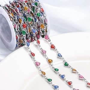 Colorful heart-shaped drop oil charms on stainless steel chain for DIY jewelry making