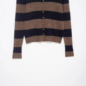 Fashionable brown and black striped knit cardigan with classic round buttons