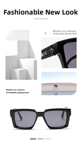 Macro shot of silver metal arrow hinge detail on black square frame sunglasses