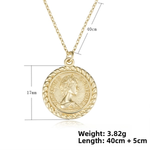 Detail view of S925 silver queen coin pendant necklace with 17mm gold relief and O-chain