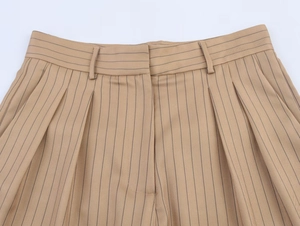 Detailed view of khaki pinstripe trousers waistband featuring double pleats and twill texture