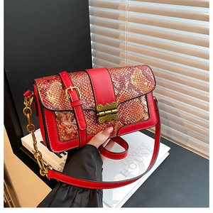 Detail of red snake pattern texture and golden vintage buckle on modern chain bag