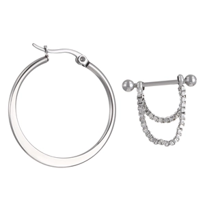 Silbernes Punk-Ohrring-Set mit großen Creolen und doppellagigen Box-Chain-Ohrsteckern