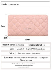 Pink PU leather clutch bag dimensions 19x9x2cm with quilted heart and size specs