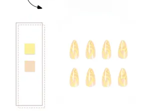 Close-up of almond-shaped press-on nails with yellow and nude swirl patterns