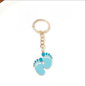 Cute gold alloy keychain with sky blue baby footprints enamel pendant and keyring