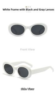 White oval retro sunglasses with dark grey lenses in front and side view perspective