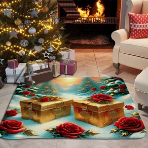 Detailed view of a Christmas flannel rug featuring snowy forest and red rose motifs