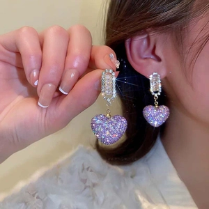 French vintage silver needle purple heart earrings with sparkling diamonds and pearls