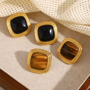 Square 18K gold plated stainless steel stud earrings with tiger eye and black stone