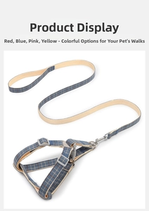 Detail of adjustable blue plaid dog harness with durable metal hook and nylon webbing