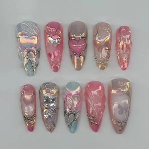 Silver Chrome 3D Heart Butterfly Press On Nails Long Almond Gradient Sweet Cool Y2K Removable False Nails