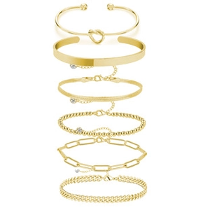 Six-piece gold bracelet set featuring cable, snake, cuban and paperclip chains on white base