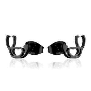 Macro detail of matte black stainless steel stethoscope heart stud earrings for women