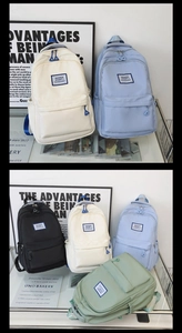 Detail view of colorful nylon backpacks in four shades with stylish brand patch labels
