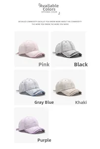Detailed view of embroidery and distressed brim on washed cotton baseball caps