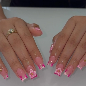 French Pink Zebra Print Press On Nails Medium Long Square 3D Floral False Nails Elegant Sweet Lady Manicure Art JP3894