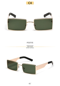 Detail view of gold rectangular sunglasses with dark green lenses in C4 color way