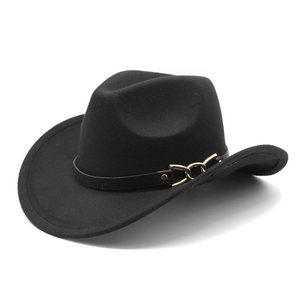 Western Cowboy Hat Wool Felt Wide Brim Retro Fedora With Leather Band Metal Buckle Unisex Vintage Outdoor Sun Protection