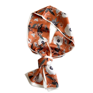 Floral print orange silk skinny scarf for women with elegant butterfly pattern