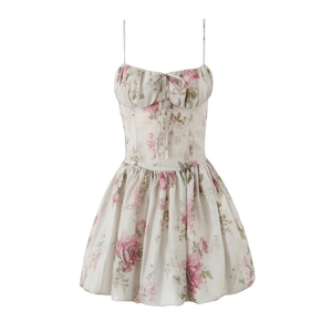 Abito Corto Stampa Floreale Raso Poliestere Spalline Sottili Fiocco Vita Arricciata Vintage Dolce Senza Maniche Scollo V Donna