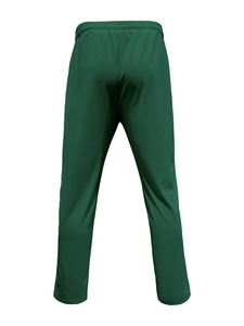 Detail view of the elastic waistband and dark green polyester fabric on sports trousers