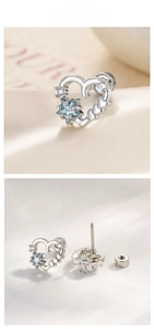 Detailed view of silver heart earring featuring a blue star zircon and metal butterfly back