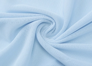 Detailed macro view of light blue mesh knit fabric with breathable micro-perforations