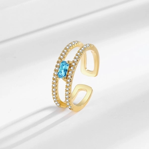 Adjustable gold double-layer open ring featuring zircon and a rectangular blue stone