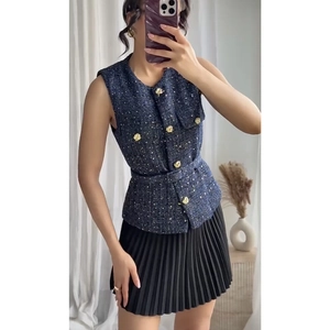 Women Elegant Tweed Vest Sleeveless Sequin Jacket With Waist Belt Vintage Round Neck Metallic Button Office Lady Top