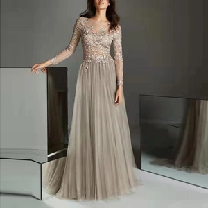 Robe De Soirée Élégante À Manches Longues Broderie Dentelle Florale Tulle Maille Longueur Sol Robe Formelle Femmes