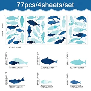77pcs Ocean Fish Wall Stickers set with detailed size specifications for bathroom decoration