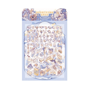 3D isometric miniature cat museum scenery stickers with layered ocean museum theme design
