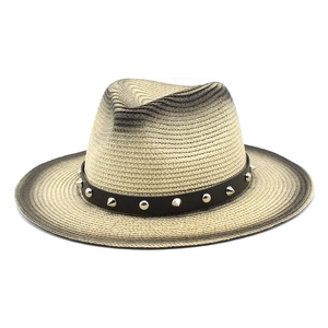Summer gradient woven straw fedora hat with black rivet leather band for men and women