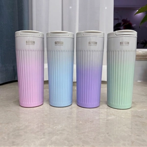 Insulated stainless steel coffee tumblers with gradient colors and vertical stripe texture