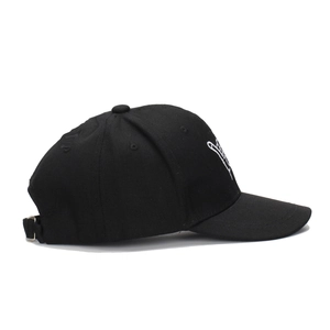 Black cotton baseball cap with white Hang Loose finger embroidery and metal buckle strap