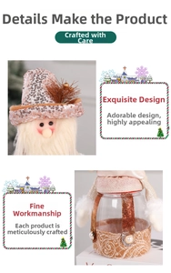 Close-up of Santa candy jar featuring sequin hat, lace trim, and pearl accents