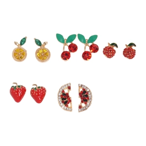 10-piece colorful rhinestone fruit stud earrings set featuring strawberry and cherry designs