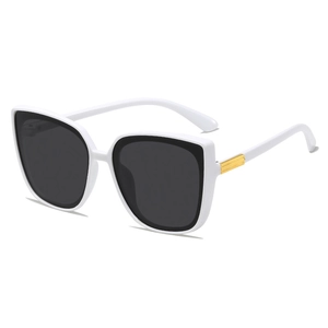 Fashionable oversized square white sunglasses with dark grey lenses and gold accents