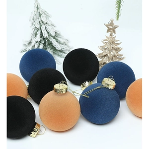 Set of 16 flocked Christmas balls in navy, black and orange with golden hangers for tree