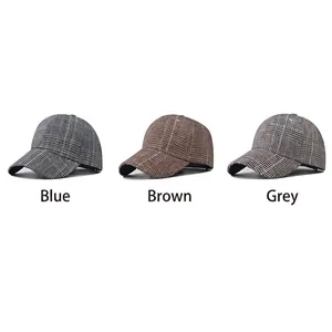 Classic plaid baseball caps in blue brown and gray with embroidered checkered patterns