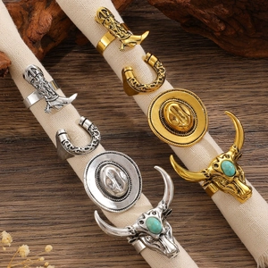 Vintage western cowboy ring set featuring boots, horseshoe, and turquoise bull head designs