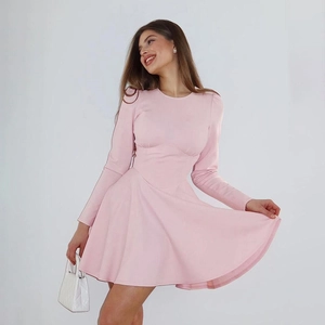 Élégante Robe Mini À Manches Longues Polyester Spandex Taille Mince Col Rond Évasée Ligne A Couleur Unie Pour Femmes Chic Mode