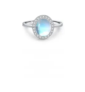 Macro detail of S925 sterling silver ring showing the oval moonstone halo setting