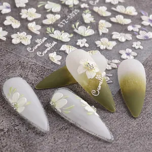 5D embossed white camellia nail art stickers set with floral patterns for manicure
