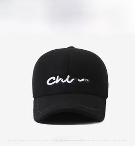 Close-up of China cursive embroidery on black wool baseball cap for elderly men