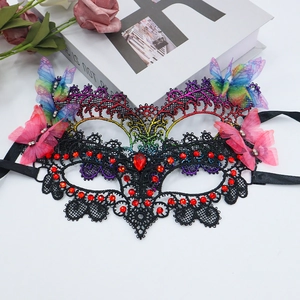 Lace masquerade mask with rainbow finish, red rhinestones and 3D butterfly accents
