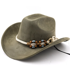 Olive green western cowboy hat with ethnic beadwork and shell accents for outdoor travel