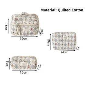 Detailed set of three quilted cotton makeup bags with blue bear patterns and zippers