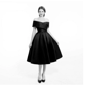 Elegant black off-the-shoulder satin cocktail dress with A-line skirt in a full front view